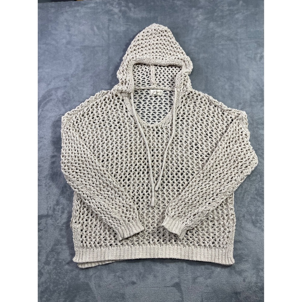 Artelier Nicole Miller Open Knit Hoodie Sweater Cream Beige Medium Boho Coastal